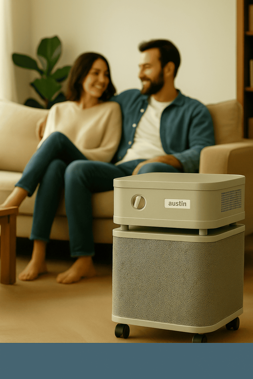 Modern living room with natural light, featuring a Seek Home Plus air purifier discreetly placed by the couch — clean, calm, and designed for healthier living.